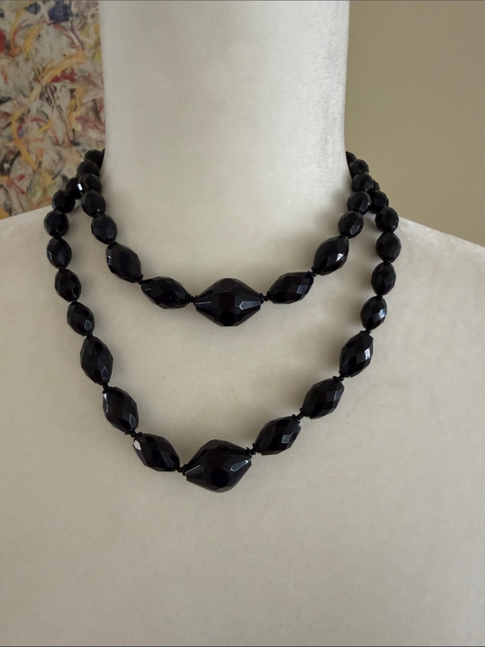 VINTAGE DOUBLE STRAND BLACK FACETED BEADED CHOKER NECKLACE Jet Black Statement